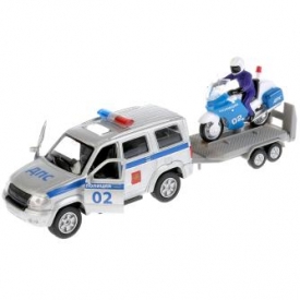 Машина Технопарк UAZ Рatriot Полиция инерционная +мотоцикл на прицепе 266070