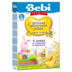 Каша Bebi Premium молочная 4 злака со сливками и персиком 200г с 12месяцев