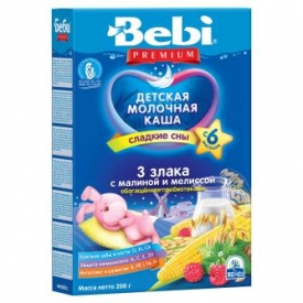 Каша молочная Bebi Premium 3 злака с малиной и мелиссой (с 6 мес.) 200 г