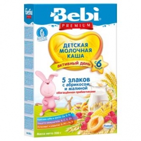 Каша Bebi Premium молочная 5 злаков с абрикосом и малиной 200г с 6 месяцев