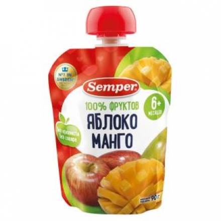 Пюре Semper яблоко-манго пауч 90г с 6месяцев
