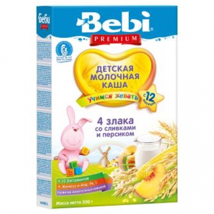 Каша Bebi Premium молочная 4 злака со сливками и персиком 200г с 12месяцев